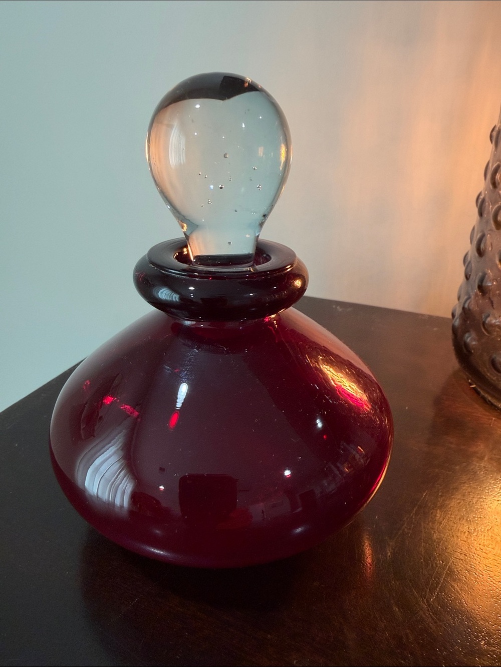 Vintage Ruby Red Glass Perfume Bottle with Clear Glass Stopper